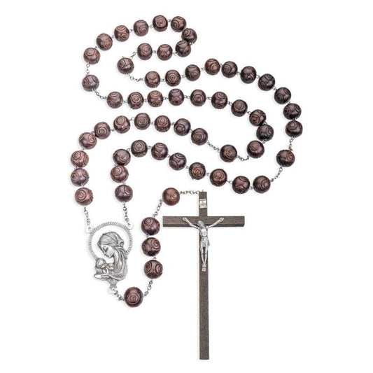Brown Carved Wood Bead Wall Rosary