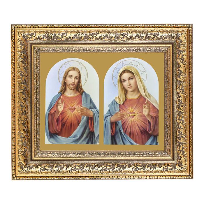 Ornate Gold Leaf Antique Frame with The Sacred Hearts Print