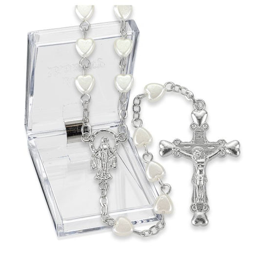 Pearlized Heart Shaped Bead Rosary, Boxed