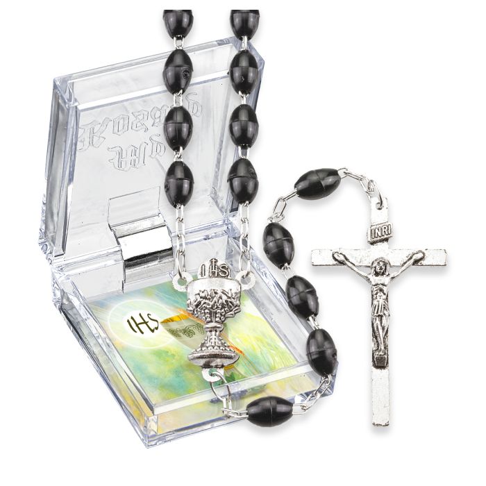Black Plastic Oval Bead Communion Rosary, Boxed