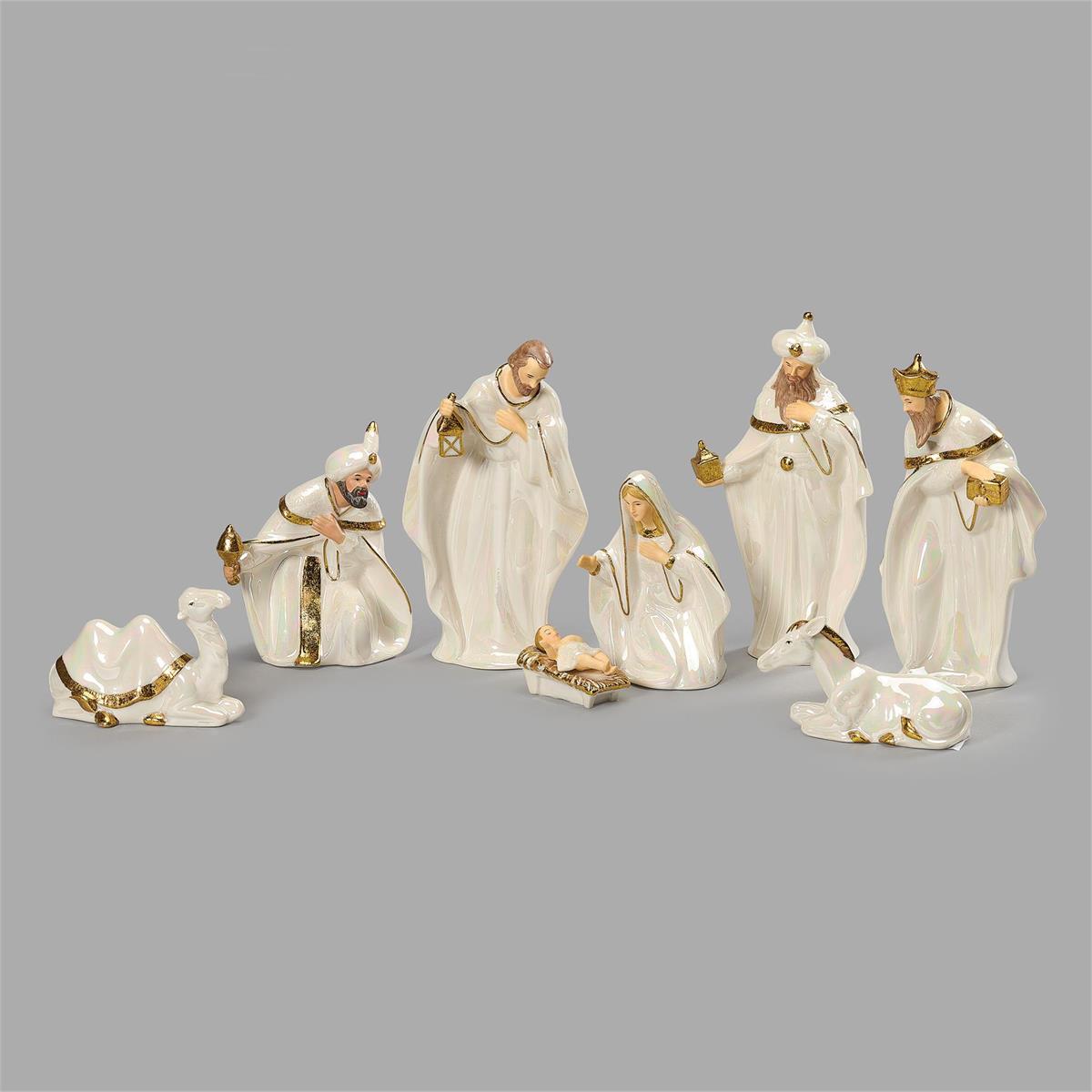 8 Piece White and Gold Gloss Nativity