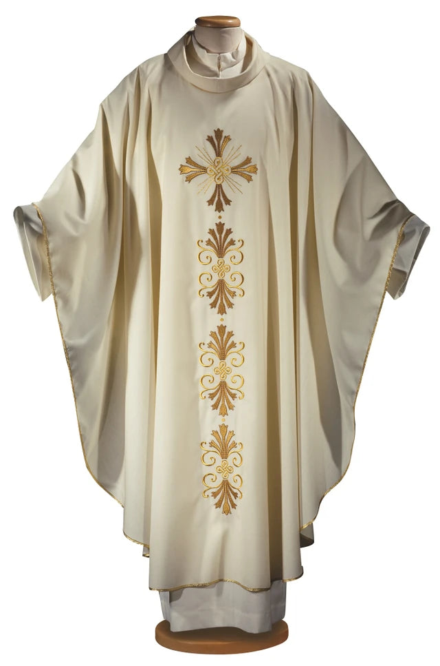 Italian Gold Cross Embroidered Chasuble | Roll Collar | 100% Wool