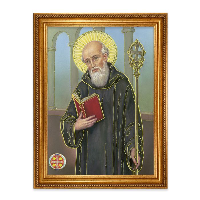 Antique Gold Leaf Beveled Frame with St. Benedict