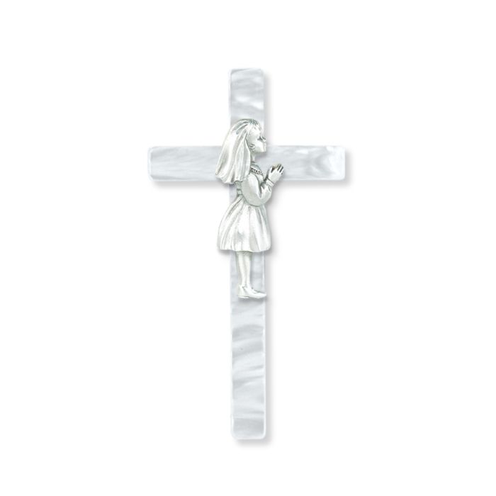 Pearlized Communion Cross with Pewter Girl Figure