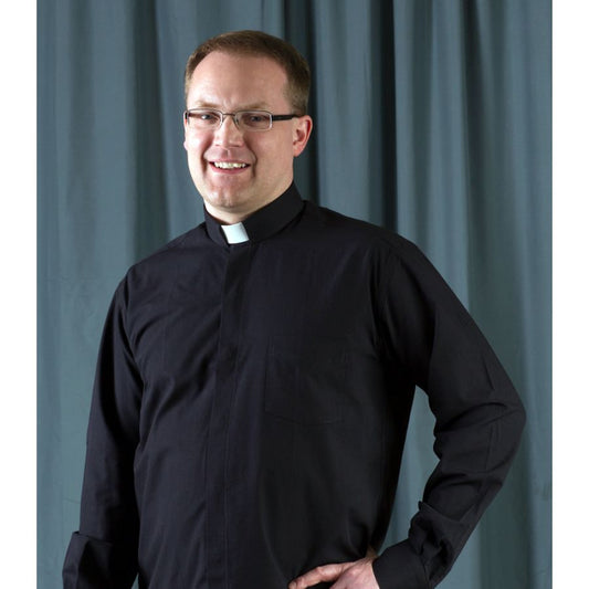 Black Clergy Shirt | Tab Collar | Long Sleeve | Poly/Cotton