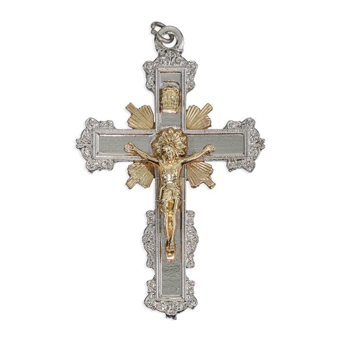 Silver Finish Baroque Crucifix with Sunburst and Corpus