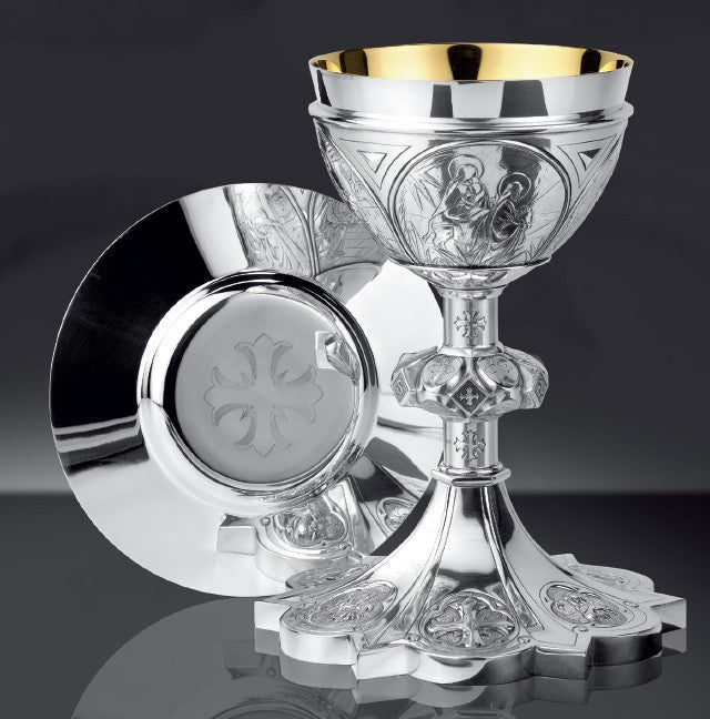 #2420 Gothic Chalice & Dish Paten | 8 5/8", 15oz. | Brass and Sterling Silver | 24K Gold Lined