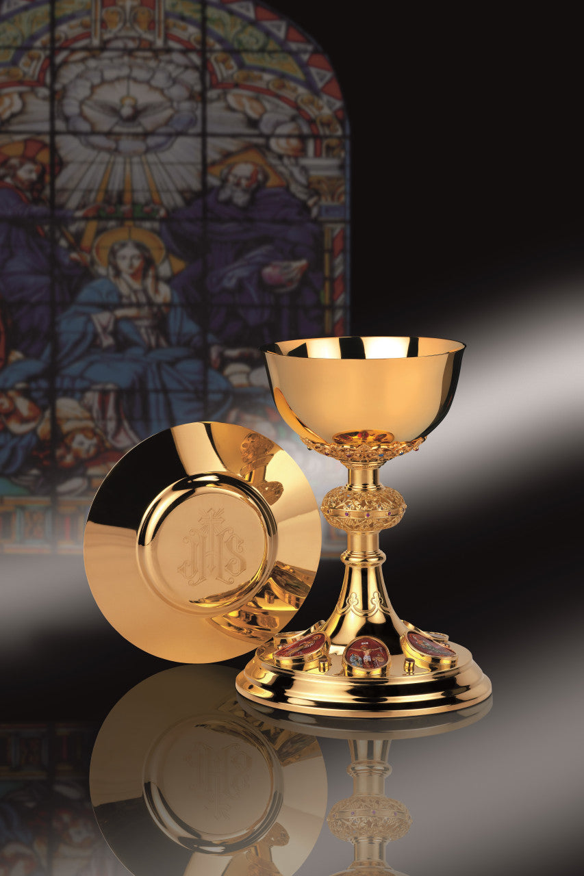 #2460 Ornate Four Evangelists Gold Plated Chalice with IHS Dish Paten