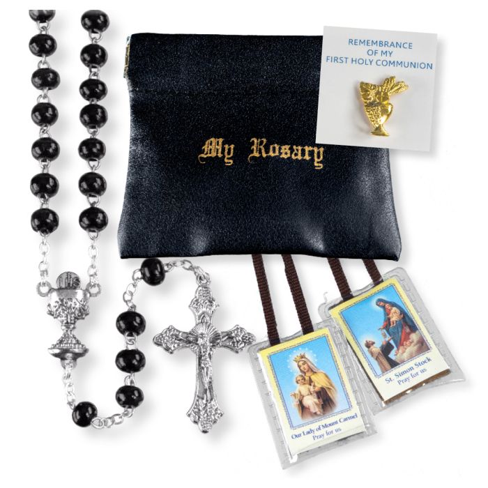 Black Wood Bead Rosary Boys First Communion Set