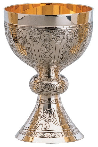 #2722 "The Apostles" Chalice and Bowl Paten | 6 3/4", 18oz. | 24K Gold Lined | Silver Plated