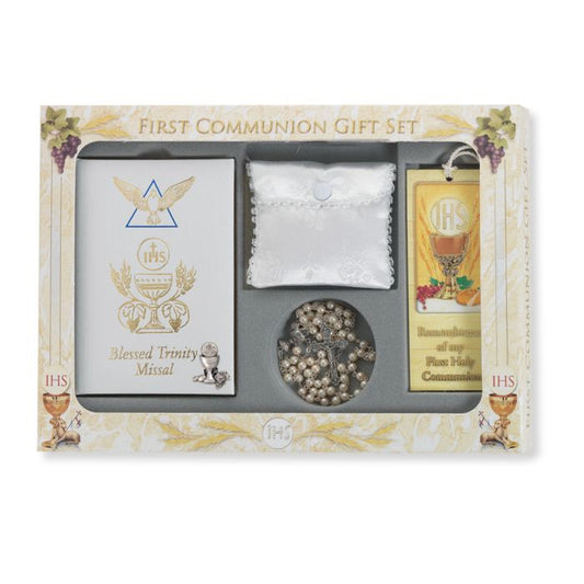 Blessed Trinity Missal with Silver Finish Chalice Communion Set