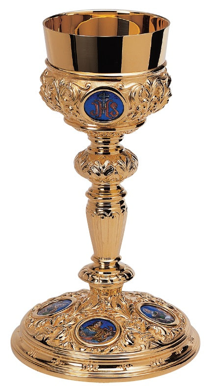 #2936 Fire Enamel Chalice & Scale Paten with Ring | 9", 8 oz. | Sterling Silver | 24K Gold Plated