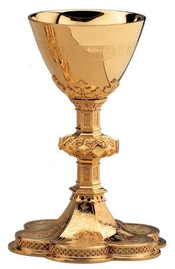 #2937 Rich Gothic Style Chalice & Scale Paten with Ring | 8 3/4", 10oz. | Brass and Sterling Silver | 24K Gold Plated