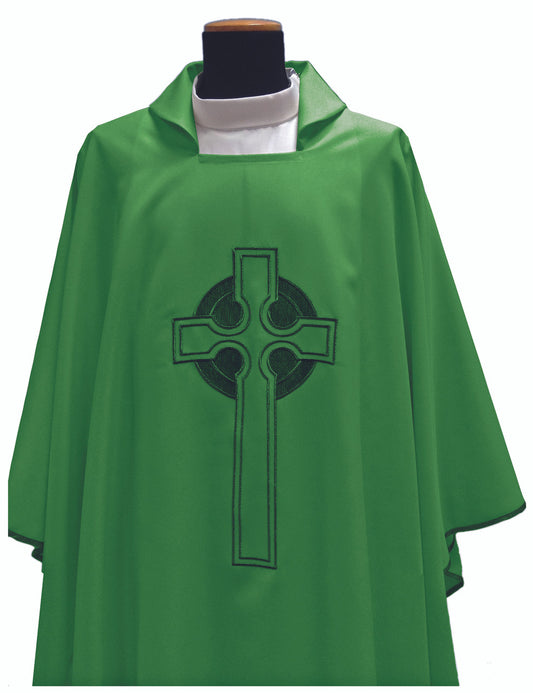 #347 Celtic Cross Chasuble | Square Collar | 100% Poly | Green & White