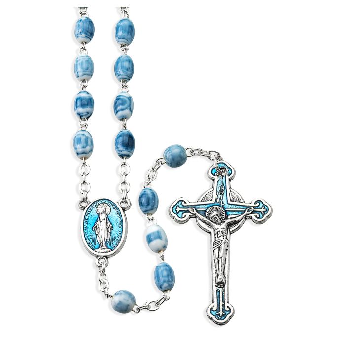 Oval Blue Marble Glass Bead Rosary