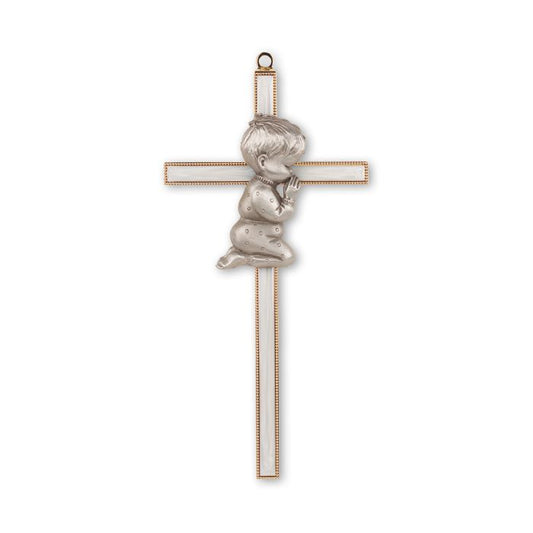 White Epoxied and Gold Finish Cross with Praying Baby