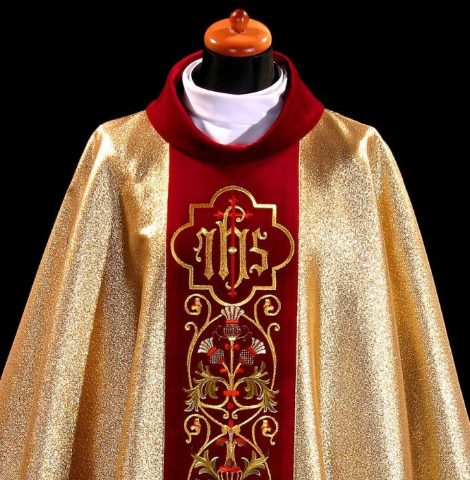 Ornate IHS Embroidered Velvet-Panel Chasuble | 100% Polyester | All Colors | Made in Poland