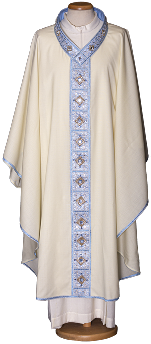 Crystal Inlay Cross Stitch Italian Embroidered Chasuble | Plain V Collar | 100% Wool | All Colors