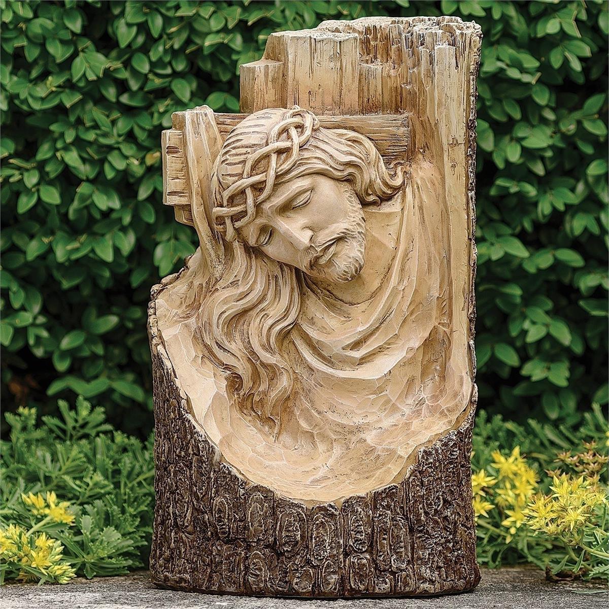 12" Carved Jesus with Cross Garden Statue