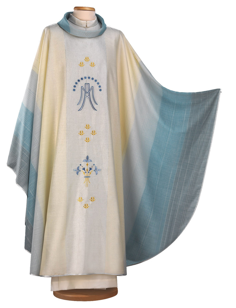 #2005 Italian Embroidered Marian Symbol Chasuble | Ultra Lightweight | Roll Collar | Wool/Lurex