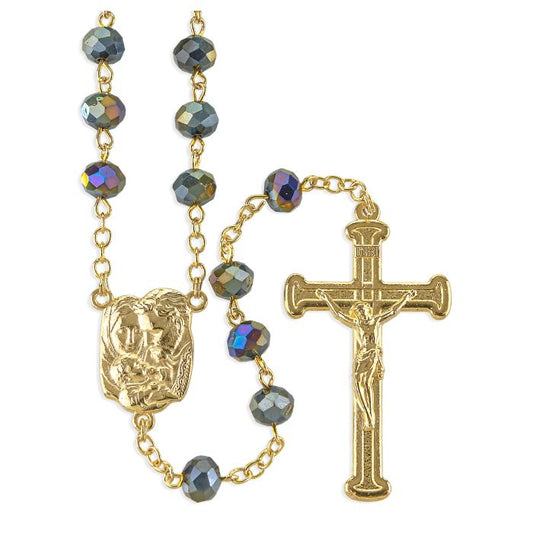 #250 Glass Bead Gold Tone Rosary, Boxed