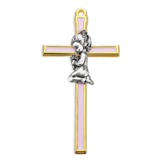 Gold Tone Epoxied Cross with Praying Figure