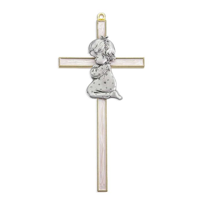 White Epoxied and Gold Finish Cross with Praying Baby
