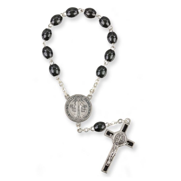 One Decade Oval Black Wood Bead Saint Benedict Auto Rosary