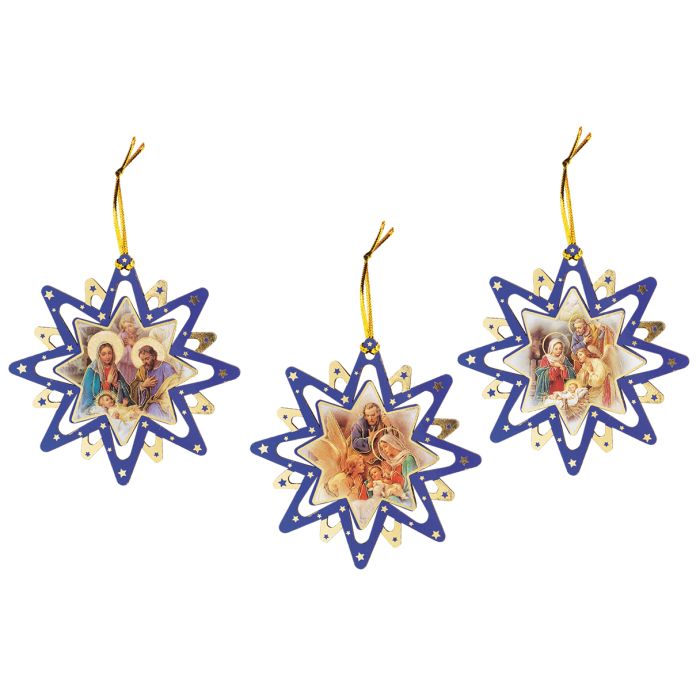 Nativity Blue Star Ornament Assortment Set of Three