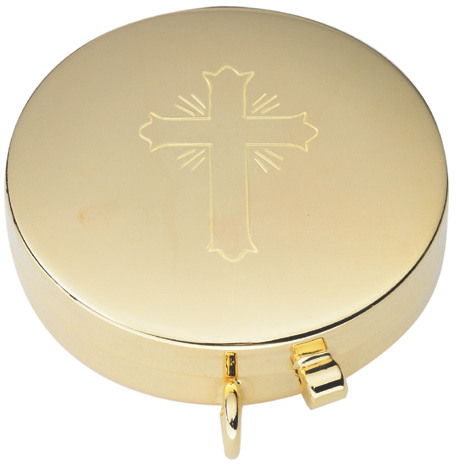 Ornate Cross Engraved Pyx | 24K Gold Plate | Satin Interior | Holds 7 Hosts