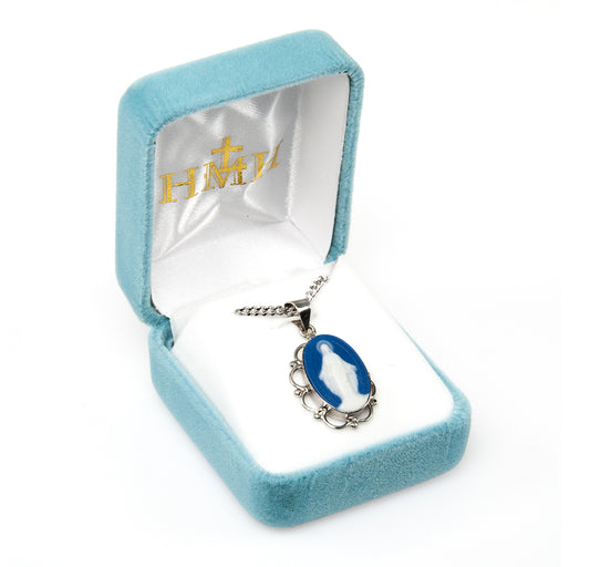 Dark Blue Sterling Silver Cameo Miraculous Medal | 18" Curb Chain