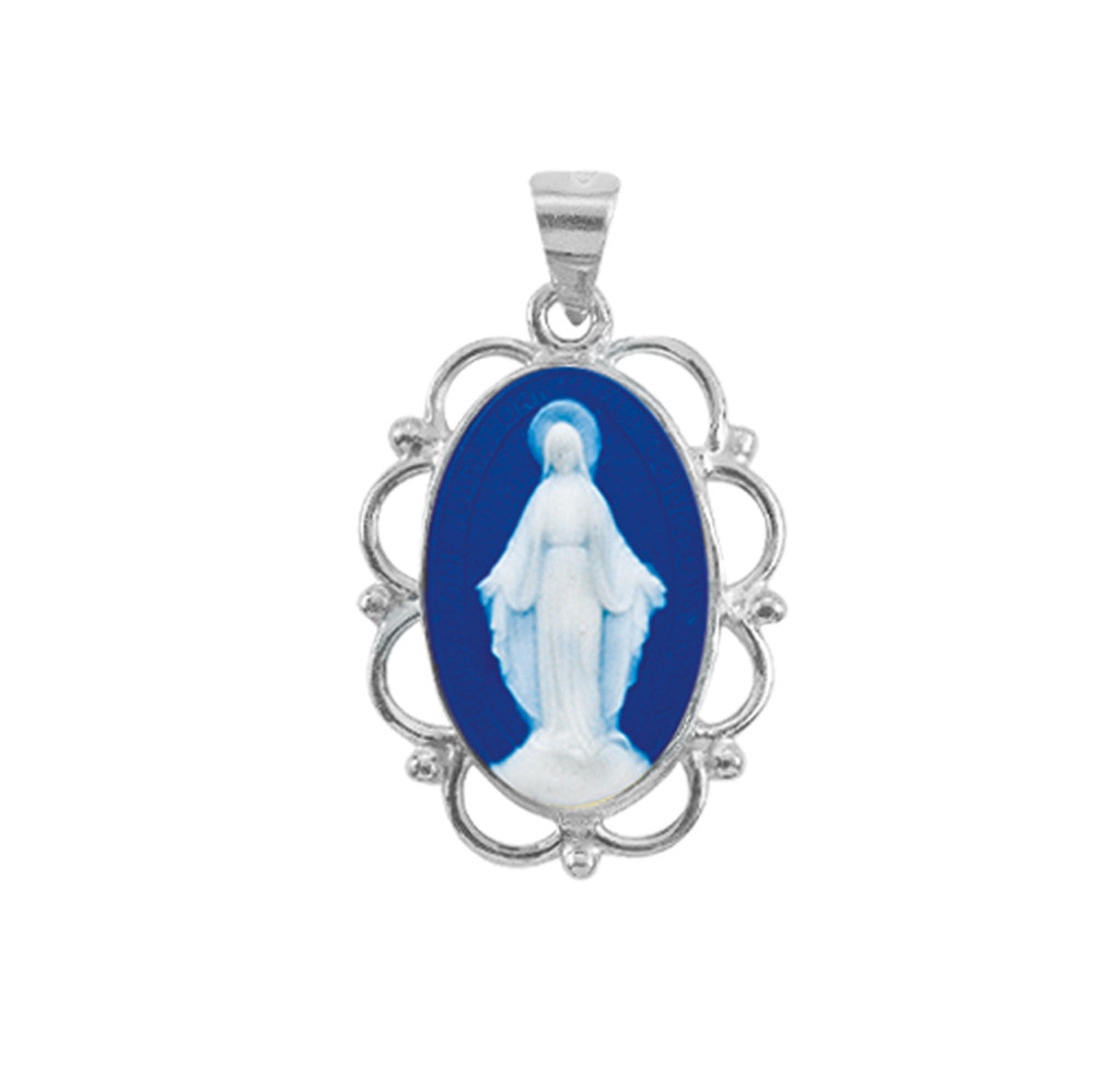 Dark Blue Sterling Silver Cameo Miraculous Medal | 18" Curb Chain