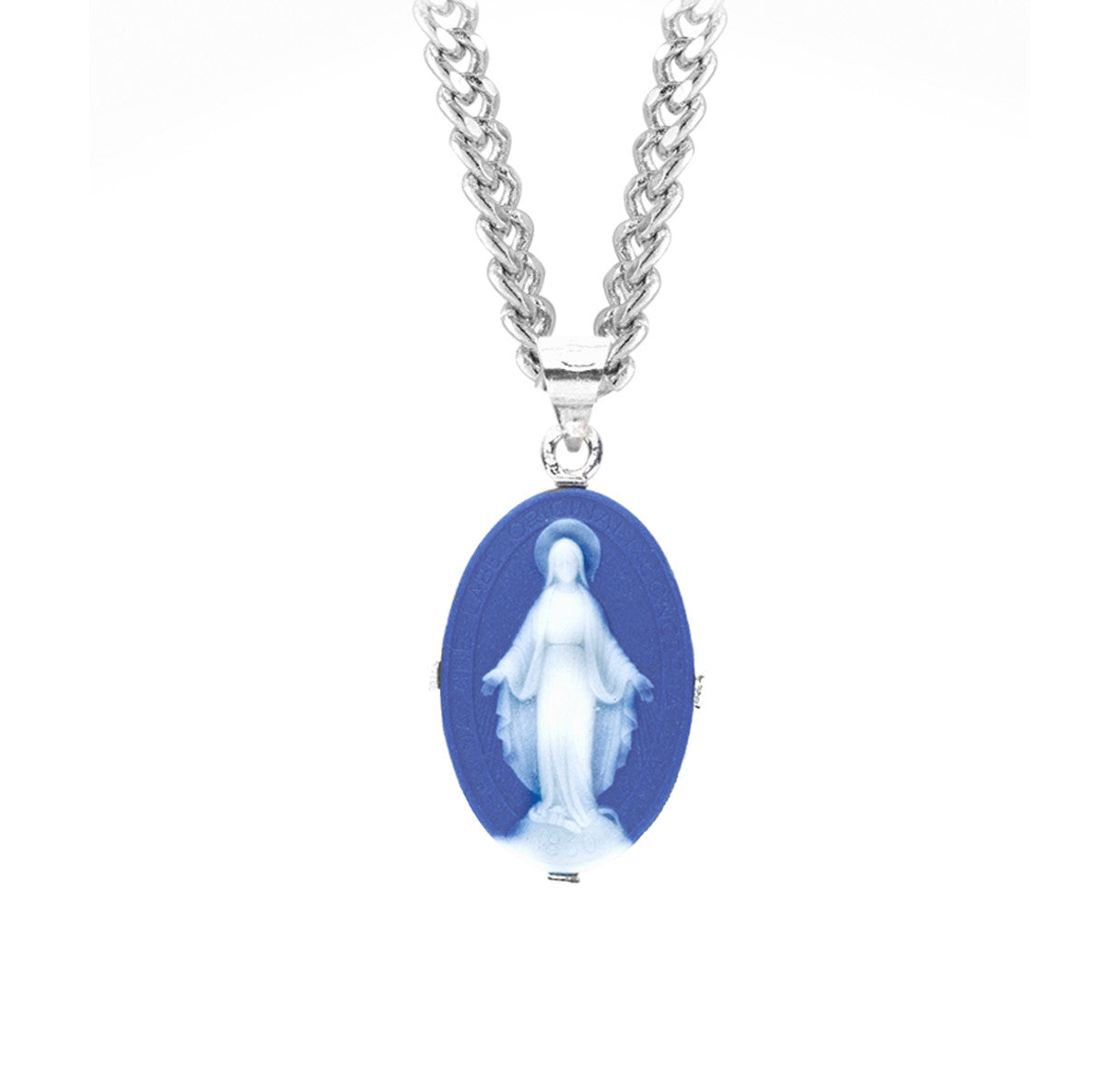 Dark Blue Sterling Silver Cameo Miraculous Medal | 18" Curb Chain