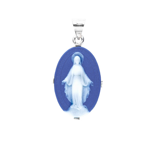 Dark Blue Sterling Silver Cameo Miraculous Medal | 18" Curb Chain
