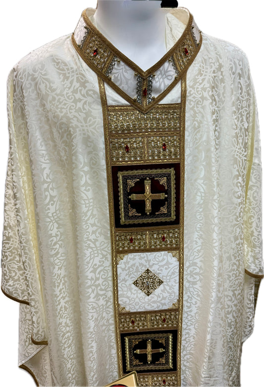 #4829 Ornate Crystal Inlay Italian Embroidered Chasuble | Crystal V Collar | Acetate/Viscose | All Colors
