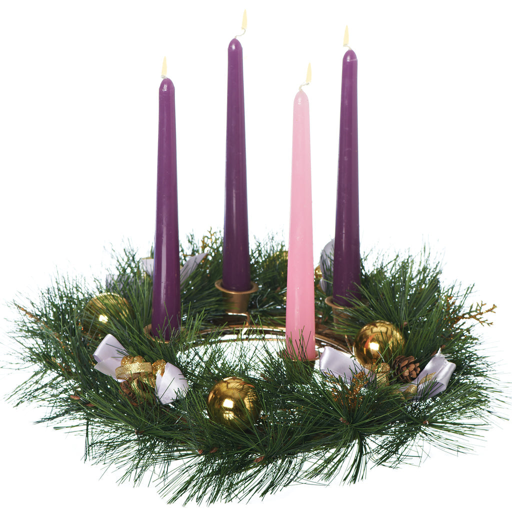 Pine with Gold Balls & Purple Bows Advent Wreath Candle Holder