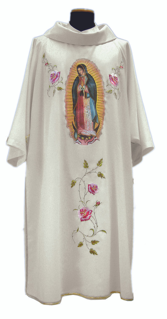 Embroidered Our Lady of Guadalupe Marian Dalmatic | Roll Collar | Mixed Wool