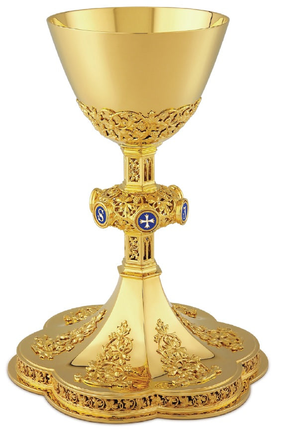Elaborate Floral Jesus Chalice & IHS Well Paten | 9", 11.5oz. | 24K Gold Plated | Made in Poland