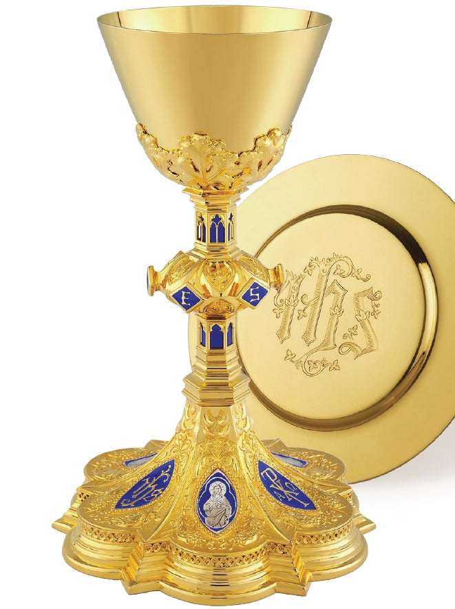 Neo-Gothic Holy Family Chalice & IHS Well Paten | 10", 12oz. | 24K Gold Plated | Made in Poland