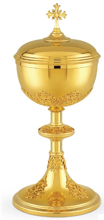 Ornate Chalice & Well Paten | 8", 10oz. | 24K Gold Plated | Made in Poland