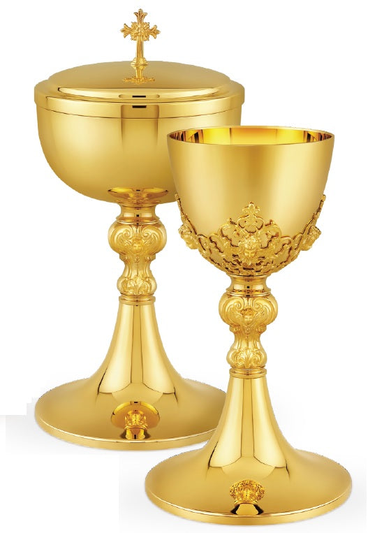 Ornate Node Chalice & Well Paten | 8", 10oz. | 24K Gold Plated | Made in Poland