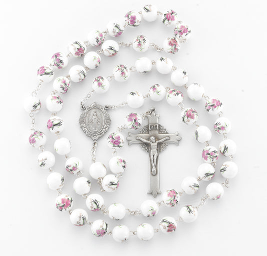 White and Pink Glass Flower Bead New England Pewter Rosary | 10mm Beads