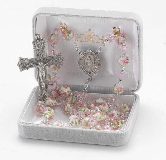 White and Pink Glass Flower Bead New England Pewter Rosary | 8mm Beads
