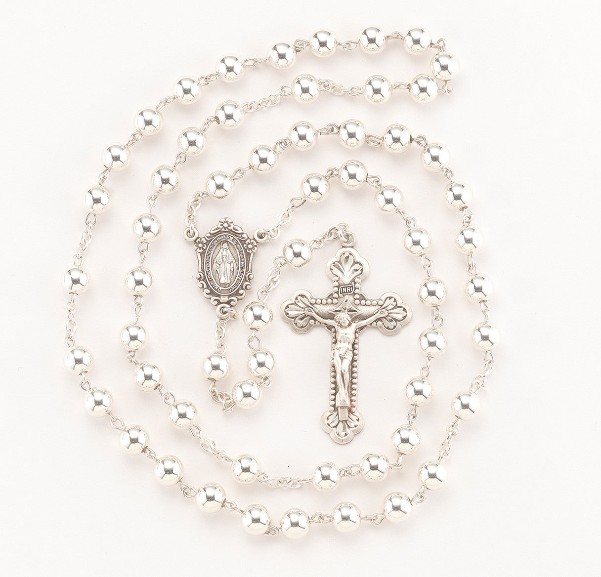 High Polished Sterling Silver Rosary | Ivy Leaf Miraculous Medal Center | Leaf Budded Crucifix