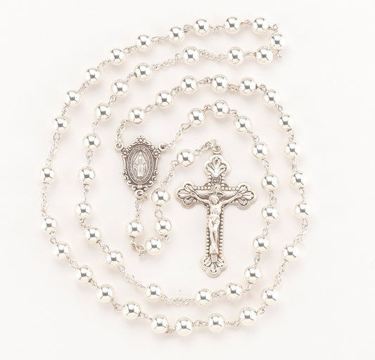 High Polished Sterling Silver Rosary | Ivy Leaf Miraculous Medal Center | Leaf Budded Crucifix