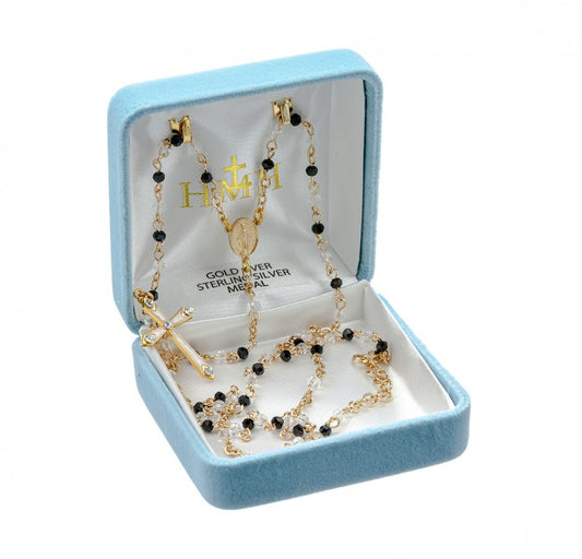 Black and Clear Crystal Bead Gold Over Sterling Silver Rosary Necklace