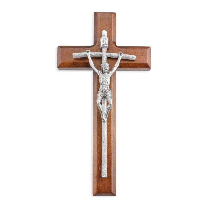 Genuine Pewter Papal Crucifix Mounted on 10" Walnut Cross