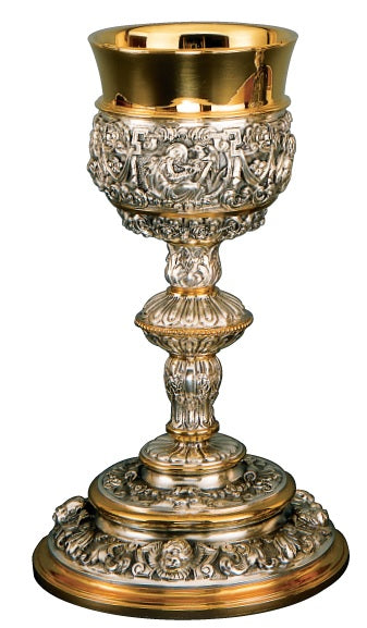 #AS-199 Baroque Chalice & Scale Paten | 9 1/4", 11oz. | Sterling Silver | 24K Gold Lined