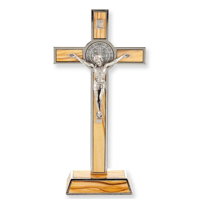 Saint Benedict Standing Wood Crucifix with Silver Trim