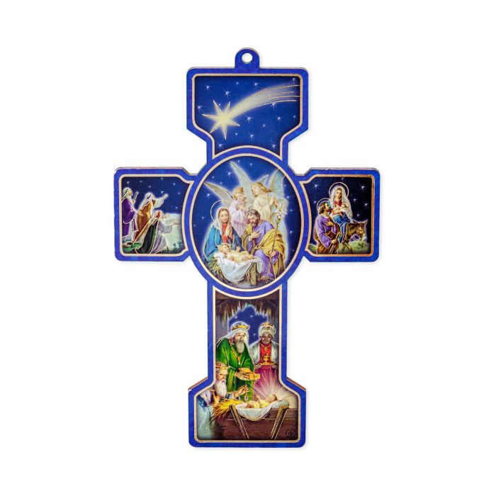 Wooden Nativity Scene Christmas Cross with Card